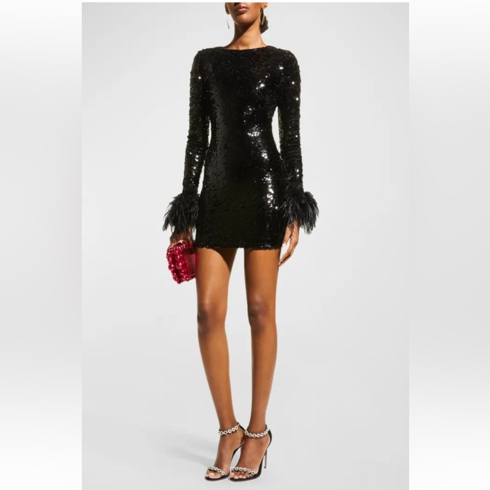 Alice + Olivia Black Sequin Dress with Feather Cuffs